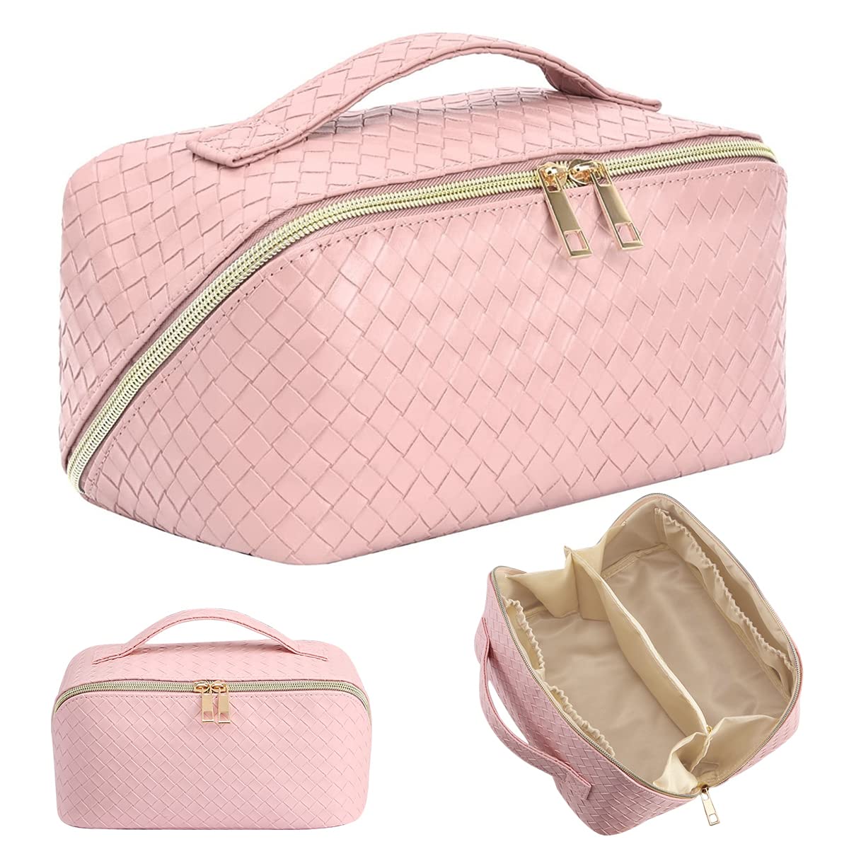 MAYCREATE Large Capacity Cosmetic Travel Bag, Cosmetic Pouch PU Waterproof Design with Handle and Divider, Wide Opening Cosmetic/Makeup Organizer Bags for Women MAYCREATE Large Capacity Cosmetic Travel Bag, Cosmetic Pouch PU Waterproof Design with Handle and Divider, Wide Opening Cosmetic/Makeup Organizer Bags for Women